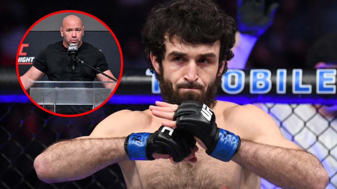 Main: Zabit Magomedsharipov inside the Octagon for his fight against Jeremy Stephens at UFC 235. Inset: Dana White speaks at a press conference bef...