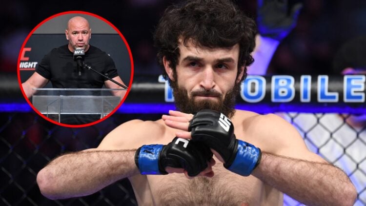 Main: Zabit Magomedsharipov inside the Octagon for his fight against Jeremy Stephens at UFC 235. Inset: Dana White speaks at a press conference bef...