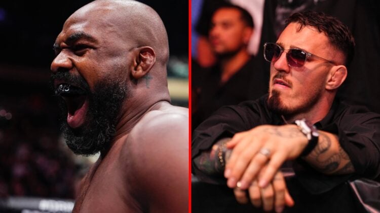 Split image of Jon Jones at UFC 309 and Tom Aspinall at UFC 317