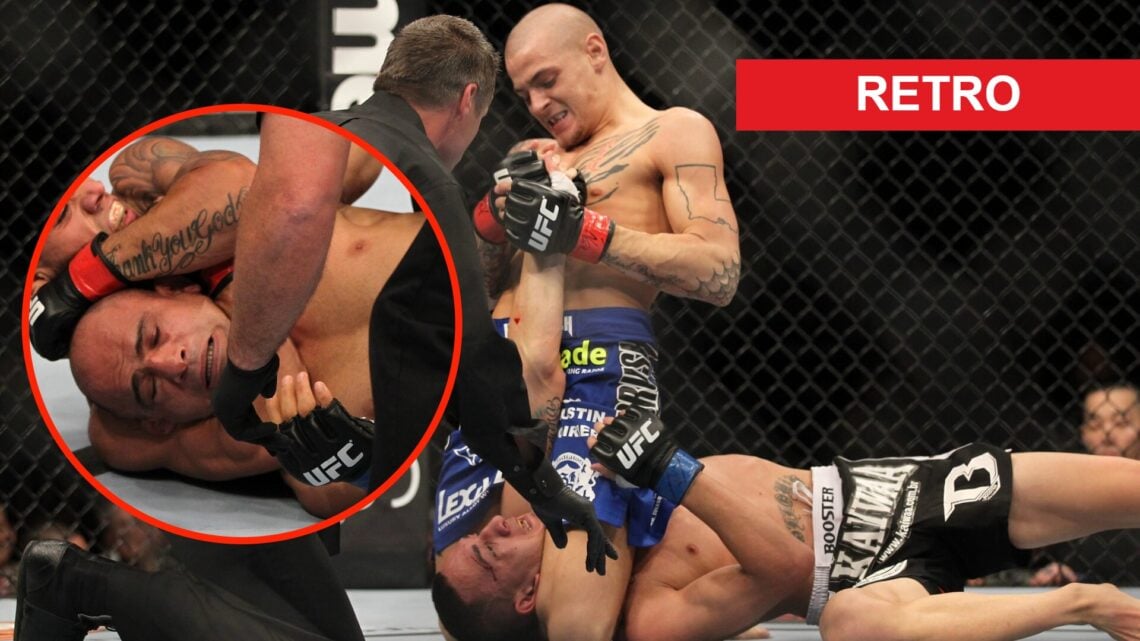 Dustin Poirier locks in an armbar on Max Holloway as the referee watches on at UFC 143 and The Korean Zombie puts Dustin Poirier to sleep in the oc...