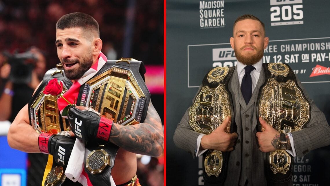 Split image of Ilia Topuria at UFC 317 and Conor McGregor with two belts at UFC 205