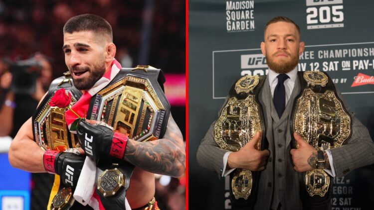 Split image of Ilia Topuria at UFC 317 and Conor McGregor with two belts at UFC 205