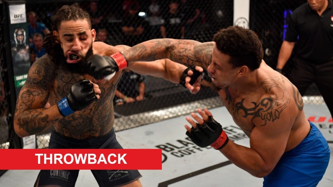 Greg Hardy punches Austen Lane on Dana White's Contender Series, inset throwback banner