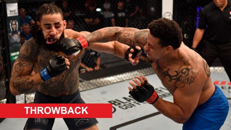 Greg Hardy punches Austen Lane on Dana White's Contender Series, inset throwback banner