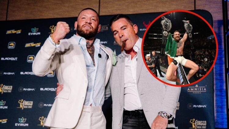 Main photo shows Conor McGregor and David Feldman at a BKFC press conference. Bubble shows Conor McGregor with his two belts atop the octagon at UF...