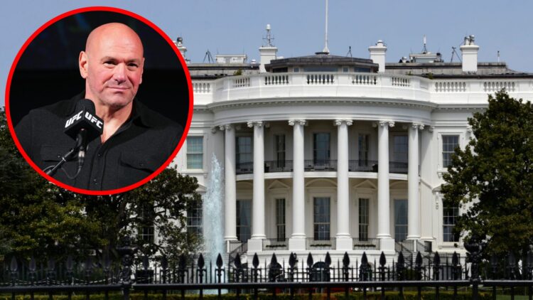 Image of the US White House, inset Dana White at the UFC 297 press conference.