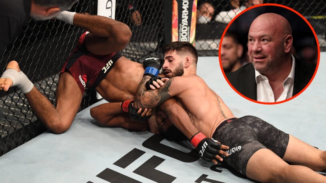 Ilia Topuria attempts to submit Youssef Zalal during UFC debut with an inset of Dana White watching on at UFC 261