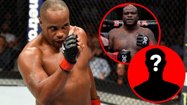 Daniel Cormier taunts Jon Jones during their UFC 214 fight, inset Derrick Lewis prepares to face Serghei Spivac at the UFC Apex with mystery icon