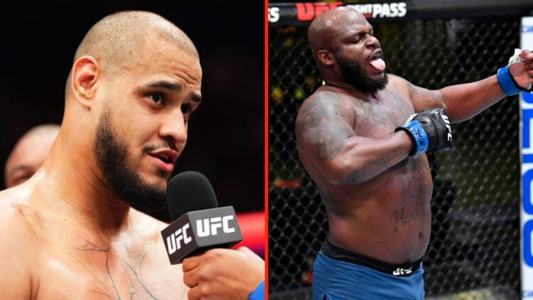Tallison Teixeira is interviewed in the octagon after his knockout win over Justin Tafa at UFC 312 and Derrick Lewis celebrates after knocking out ...