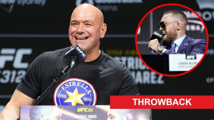 Dana White laughs on stage at the UFC 312 press conference, inset Conor McGregor speaks at the UFC 264 press conference