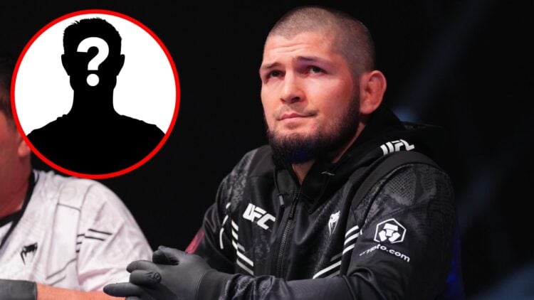 Khabib Nurmagomedov looks on from the corner in Abu Dhabi, inset mystery icon