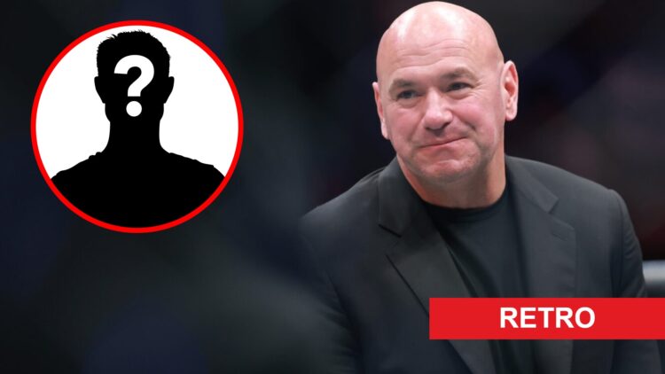 Dana White inside the Octagon at UFC 312 in Sydney, Australia, inset mystery icon