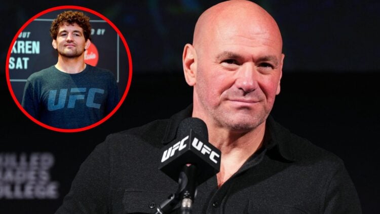 Dana White on stage at the UFC 297 press conference, inset Ben Askren poses during the UFC media day in Singapore