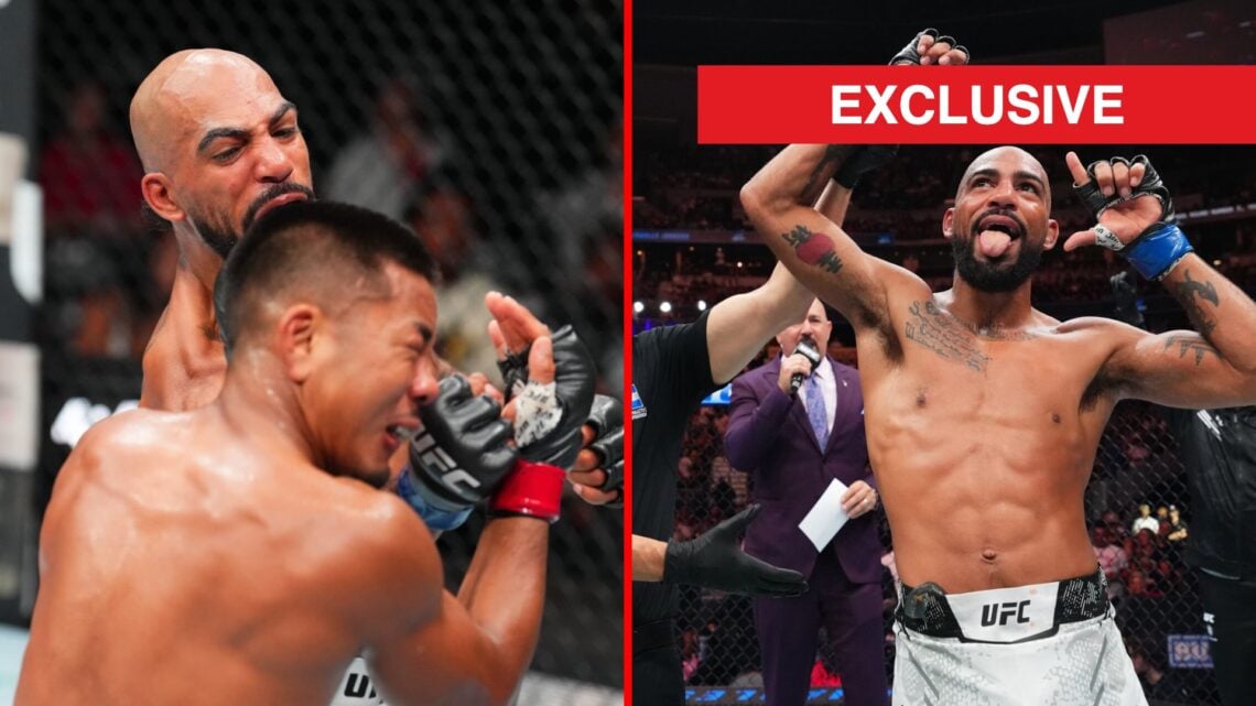Split image of Charles Johnson punching Joshua Van at UFC Denver, Charles Johnson celebrating win with exclusive inset