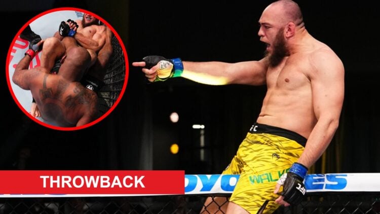 Valter Walker celebrates after submitting Don'Tale Mayes at the UFC Apex, inset Walker submits Mayes with a throwback banner