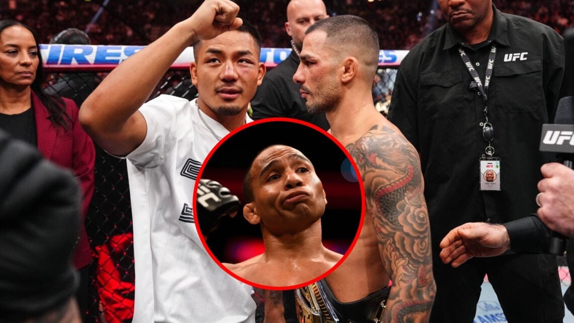 Alexandre Pantoja facing off with Joshua Van at UFC 317 with inset of John Dodson