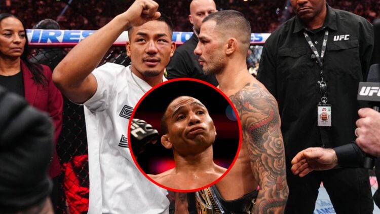 Alexandre Pantoja facing off with Joshua Van at UFC 317 with inset of John Dodson