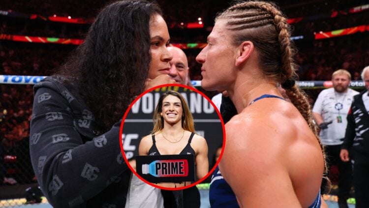 Main: Kayla Harrison faces off with Amanda Nunes in the cage at UFC 316. Inset: Mackenzie Dern on stage at the UFC 298 ceremonial weigh-ins.