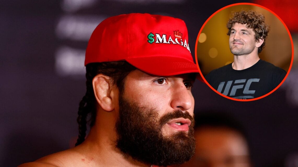 Jorge Masvidal at the official weigh-ins ahead of boxing fight against Nate Diaz with an inset of Ben Askren at the ceremonial weigh-ins at UFC 239