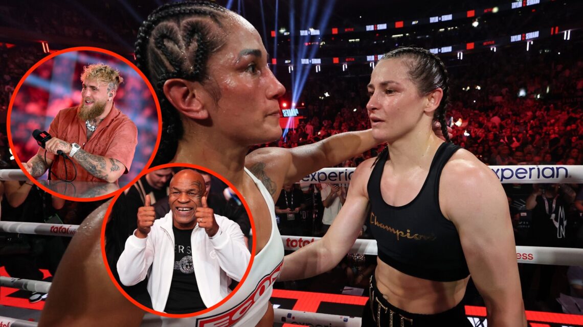 Amanda Serrano and Katie Taylor embrace after their epic trilogy with an inset of Mike Tyson with his thumbs up and an inset of Jake Paul on the br...