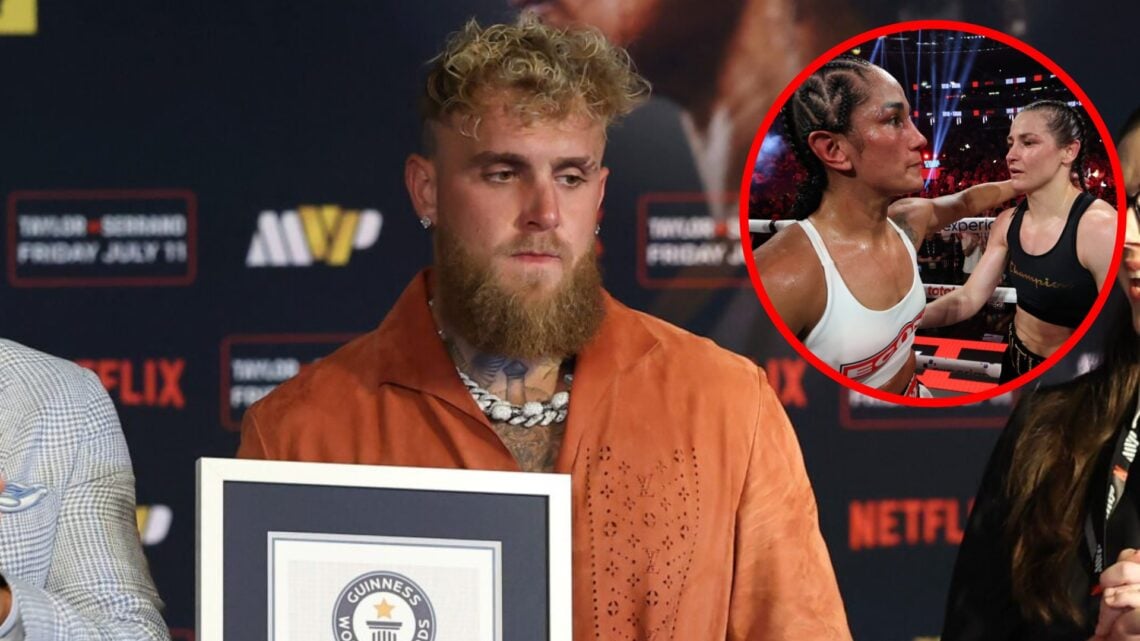 Jake Paul and Nakisa Bidarian receive a Guinness World Record certificate, inset Amanda Serrano and Katie Taylor embrace following their trilogy fight