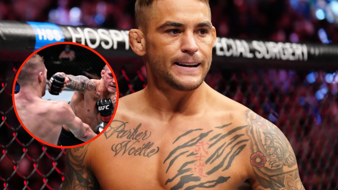 Dustin Poirier stares down Michael Chandler in the octagon just before their fight at UFC 281and an overlay of Dustin Poirier throwing a right hand...