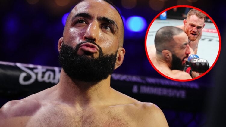 Belal Muhammad prepares to face Jack Della Maddalena at UFC 315, inset Della Maddalena punches Muhammad at UFC 315