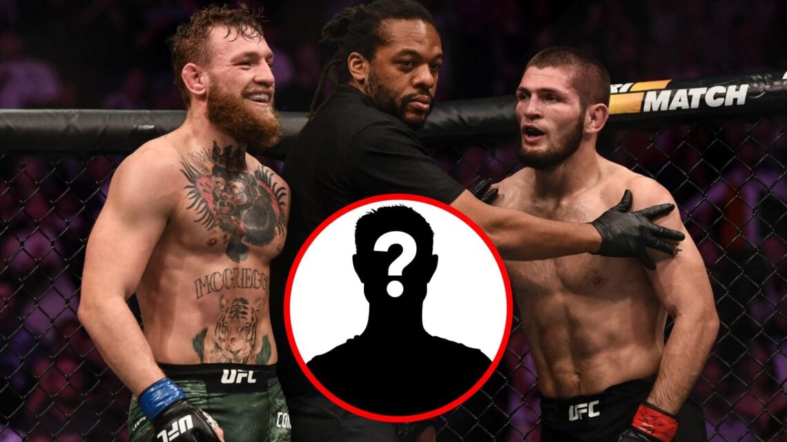 Conor McGregor and Khabib Nurmagomedov and react during their UFC 229 fight, inset mystery icon