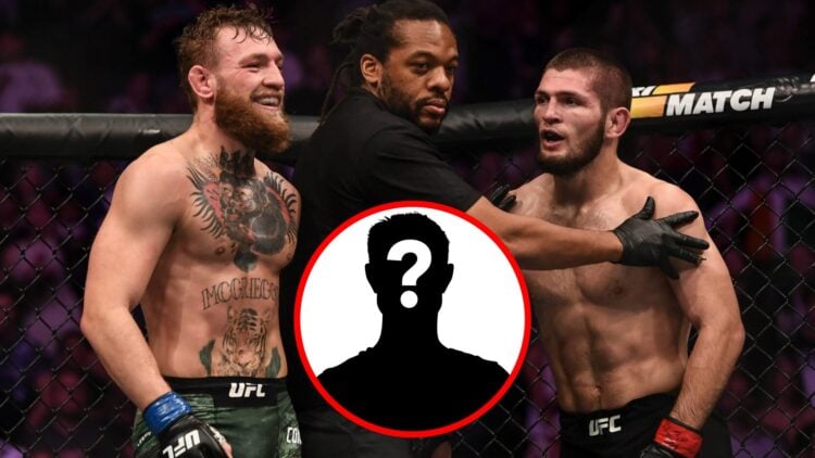 Conor McGregor and Khabib Nurmagomedov and react during their UFC 229 fight, inset mystery icon