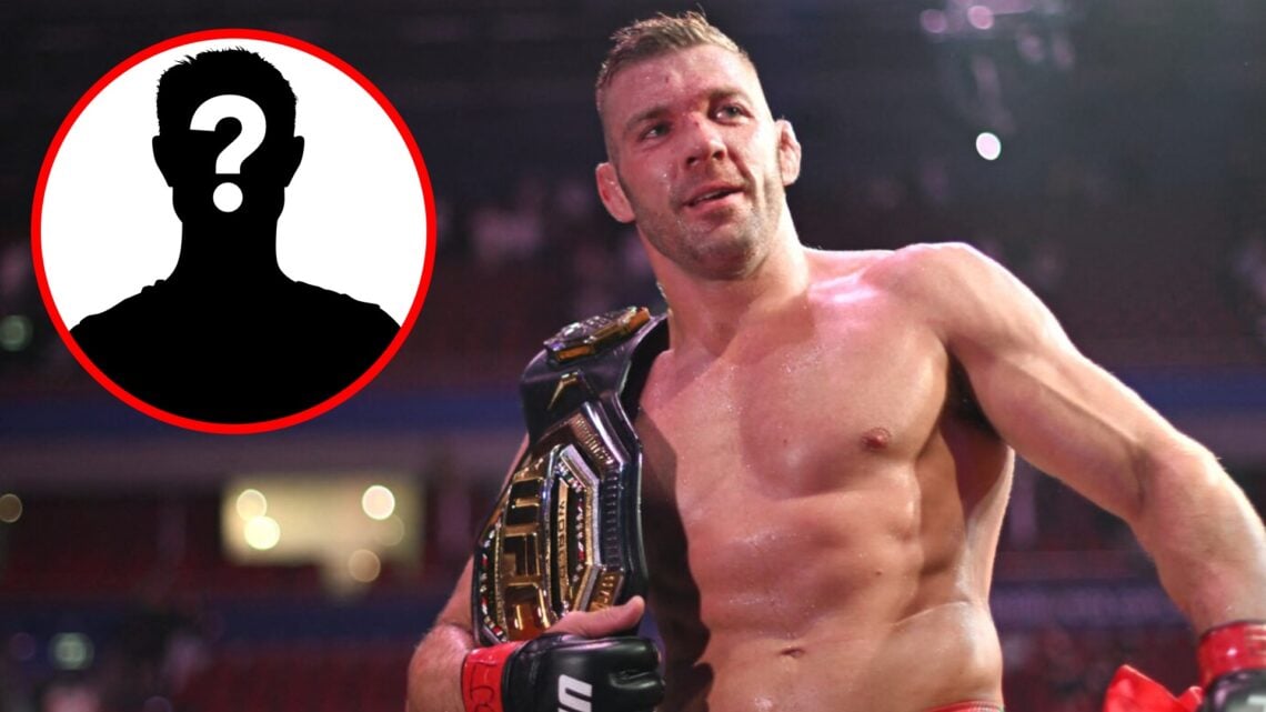Dricus du Plessis celebrates his win over Sean Strickland while exiting the Octagon at UFC 312, inset mystery icon