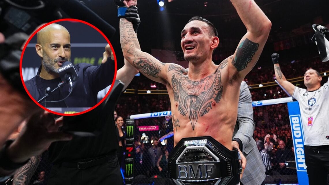 Main: Max Holloway celebrates his BMF title-winning victory over Justin Gaethje at UFC 300. Inset: Jon Anik on stage to host the UFC 316 press conf...