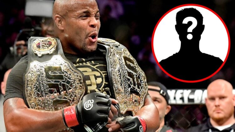 Daniel Cormier celebrates with two UFC titles after beating Derrick Lewis at UFC 230, inset mystery icon
