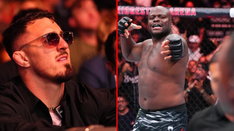 Split image of Tom Aspinall at UFC 317 and Derrick Lewis at UFC Nashville