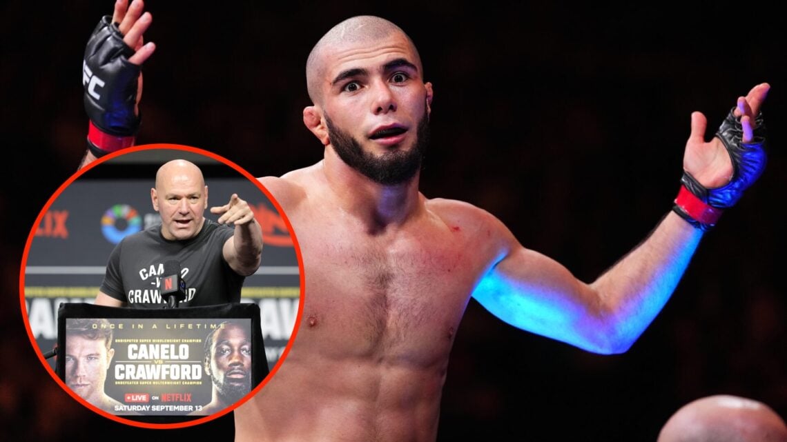 Muhammad Mokaev celebrates UFC 304 win over Manel Kape with an inset of Dana White answering questions at the Canelo Alvarez vs Terence Crawford pr...