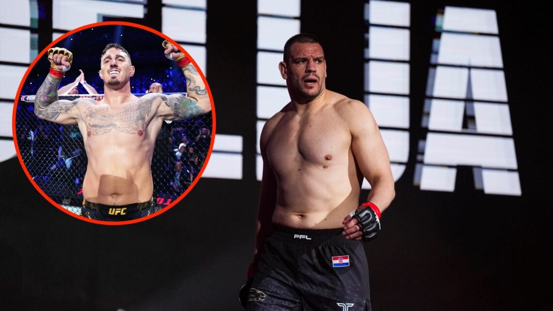 Ante Delija walking out for his fight at PFL 2024 week 1 with an inset of Tom Aspinall moments before his UFC 304 fight against Curtis Blaydes