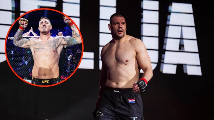 Ante Delija walking out for his fight at PFL 2024 week 1 with an inset of Tom Aspinall moments before his UFC 304 fight against Curtis Blaydes