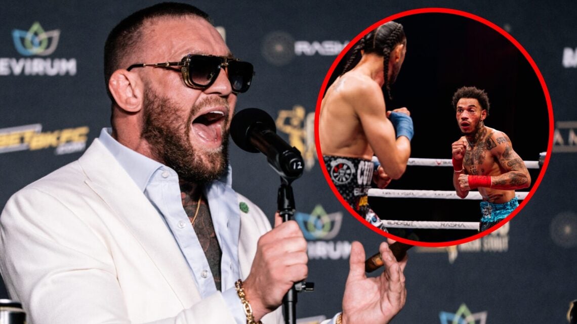 Conor McGregor shouts at a BKFC press conference, Andrew Strode and Gee Perez fight at BKFC 78.