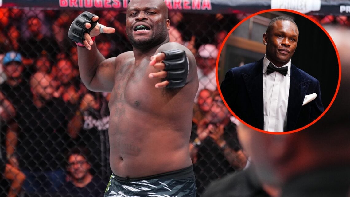 Derrick Lewis celebrates his UFC Nashville win over Tallison Teixeira with an inset of Israel Adesanya at the UFC Hall of Fame ceremony 2025