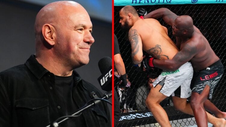 Split image of Dana White at the UFC 309 press confernece and Derrick Lewis punching Tallison Teixeira at UFC Nashville.