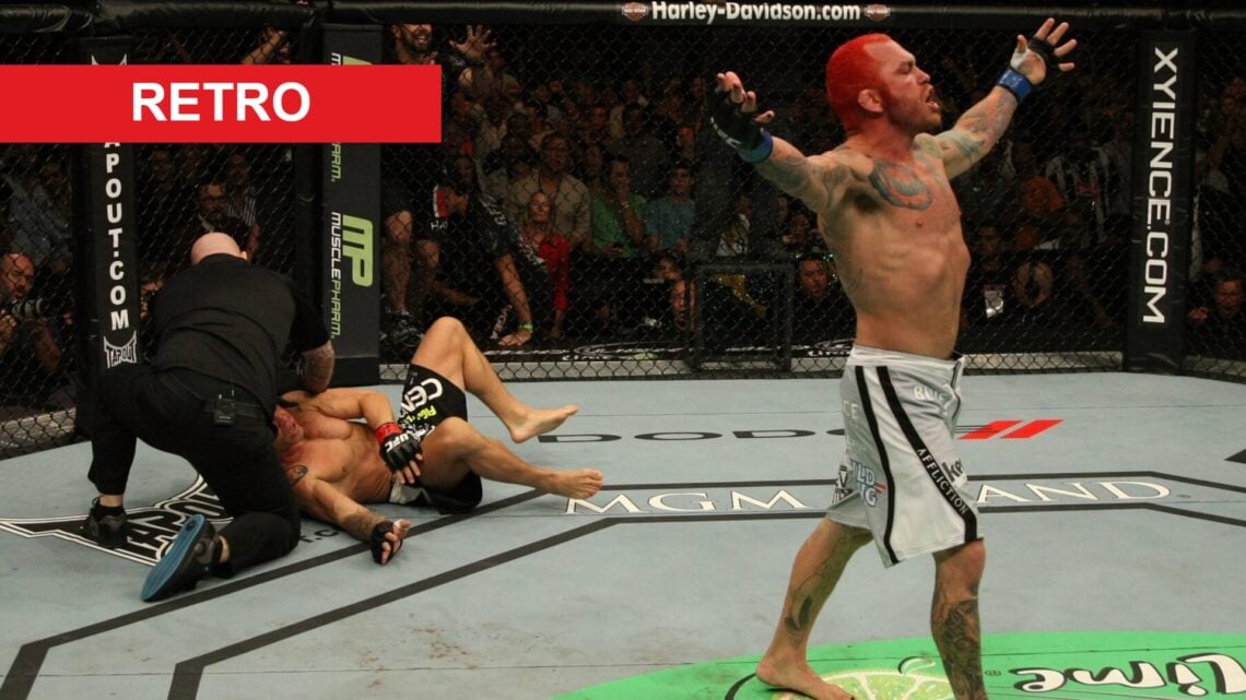 Chris Leben celebrates after knocking out Wanderlei Silva at UFC 132, inset retro banner