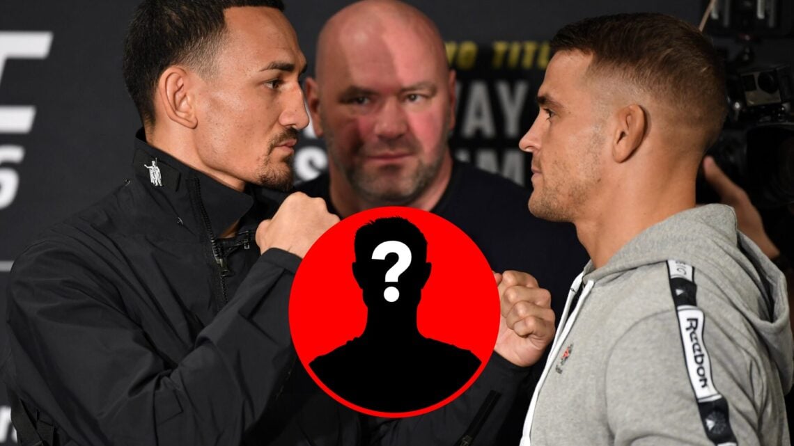 Max Holloway facing off with Dustin Poirier at UFC 236, with mystery inset
