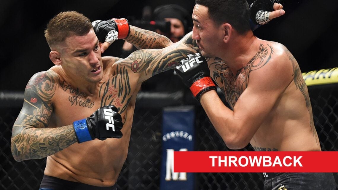 Dustin Poirier and Max Holloway throw punches at one another during their second fight at UFC 236 with a red rectangle labeled "throwback" in the b...