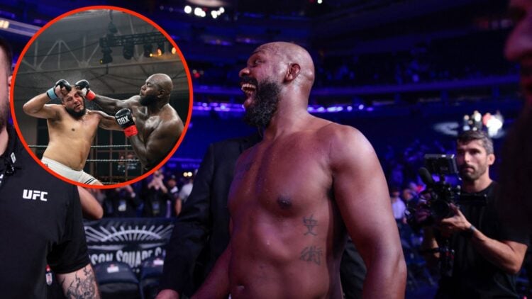 Jon Jones walks out of the arena after his UFC 309 fight with an inset of Jairzinho Rozenstruik during his Dirty Boxing debut