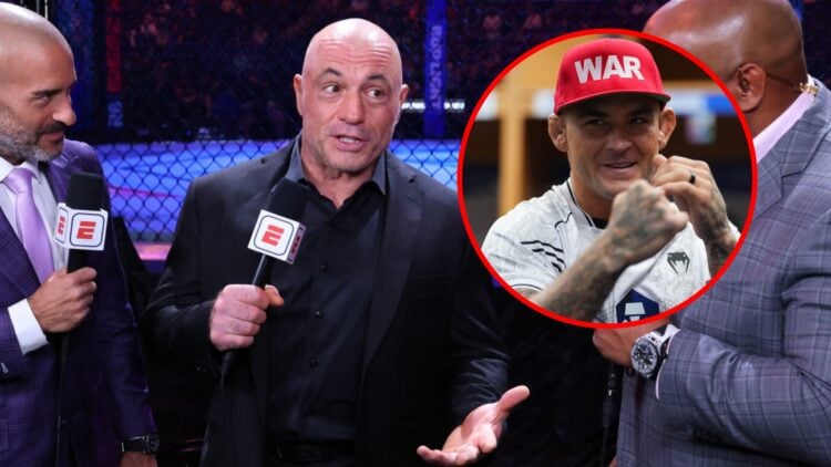 Main: Jon Anik, Joe Rogan and Daniel Cormier commentating at UFC 316. Inset: Dustin Poirier warms up backstage before his title fight against Islam...