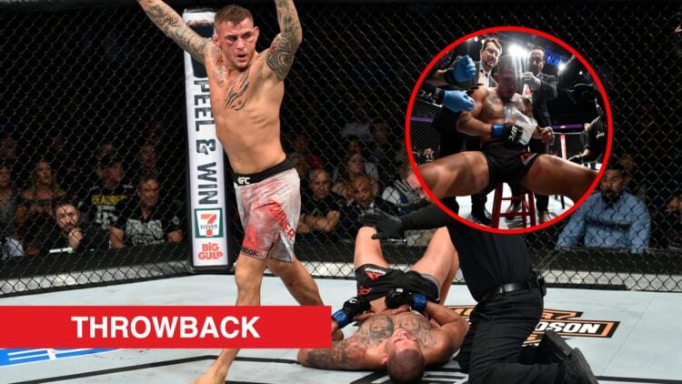 Main: Dustin Poirier celebrates after stopping Anthony Pettis in their fight at UFC Norfolk. Inset: Anthony Pettis sits on a stool hurt after the e...