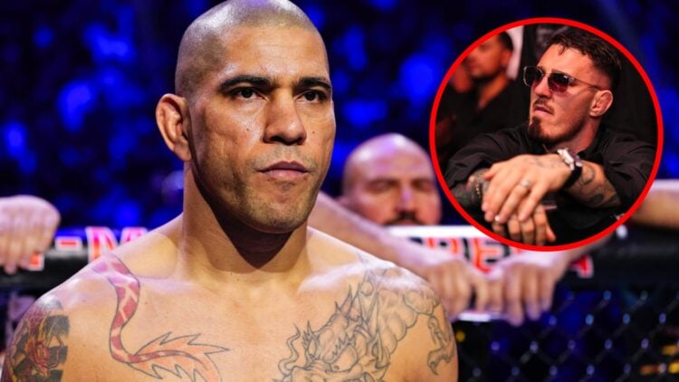 Alex Pereira looks on inside the Octagon at UFC 313, inset Tom Aspinall attends UFC 317 in Las Vegas