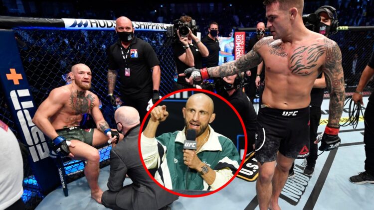 Main: Dustin Poirier interacts with Conor McGregor after knocking him out in their fight at UFC 257. Inset: Alexander Volkanovski speaks on stage a...