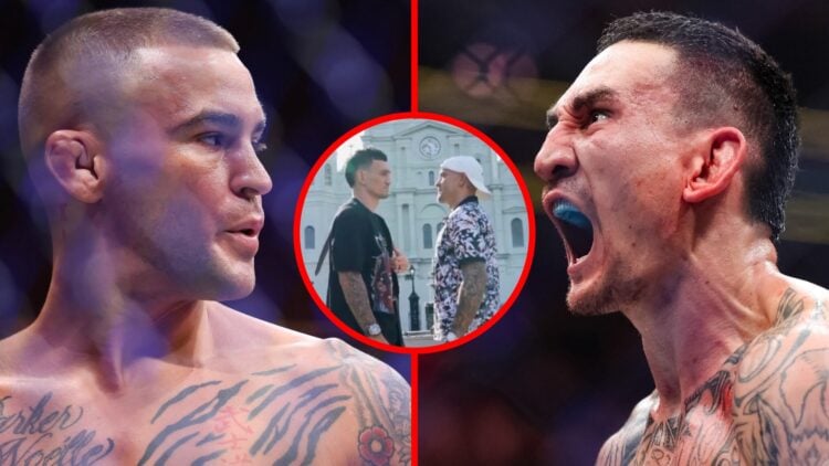Dustin Poirier looks on ahead of his UFC 302 fight with Islam Makhachev, Max Holloway reacts after stopping Justin Gaethje at UFC 300, inset Poirie...