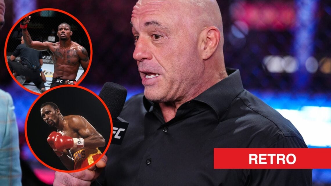 Joe Rogan during the UFC 317 broadcast with insets of Kevin Holland after his KO win over Joaquin Buckley and Tommy Hearns during fight against Jam...