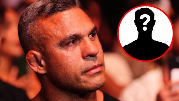 Vitor Belfort reacts to the announcement of his UFC Hall of Fame induction during UFC 315, inset mystery icon